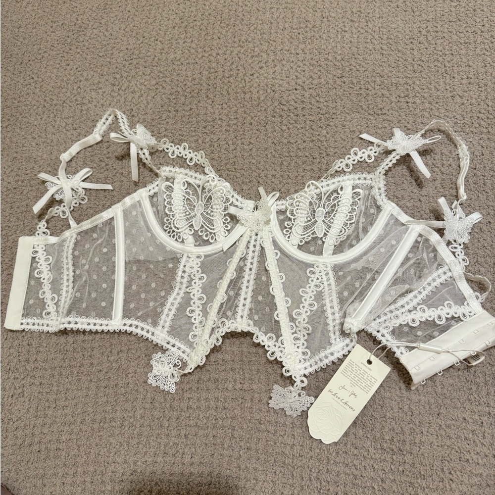 For Love And Lemons White Sheer Lace Underwire Bustier Bra with Butterfly Motif